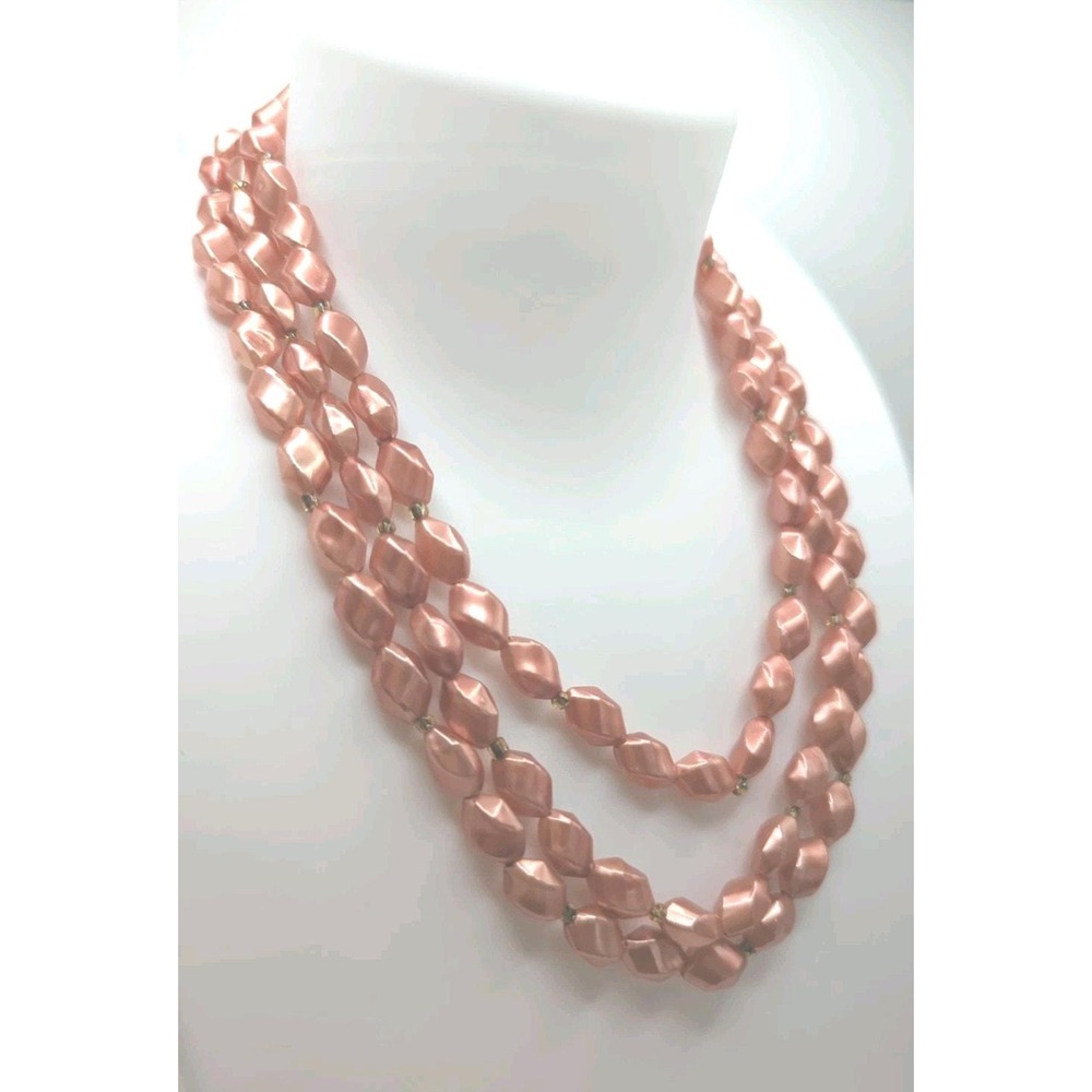 Vintage Hong Kong 3 Strand Peach Lucite Bead Necklace Faceted Mid Century